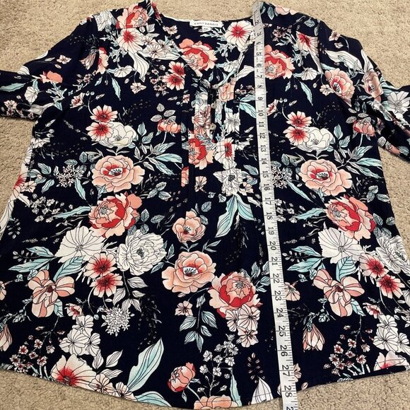 Emily Daniels Floral Blouse Tunic Petite XL Navy Pleated Button Front Colorful - Picture 11 of 14